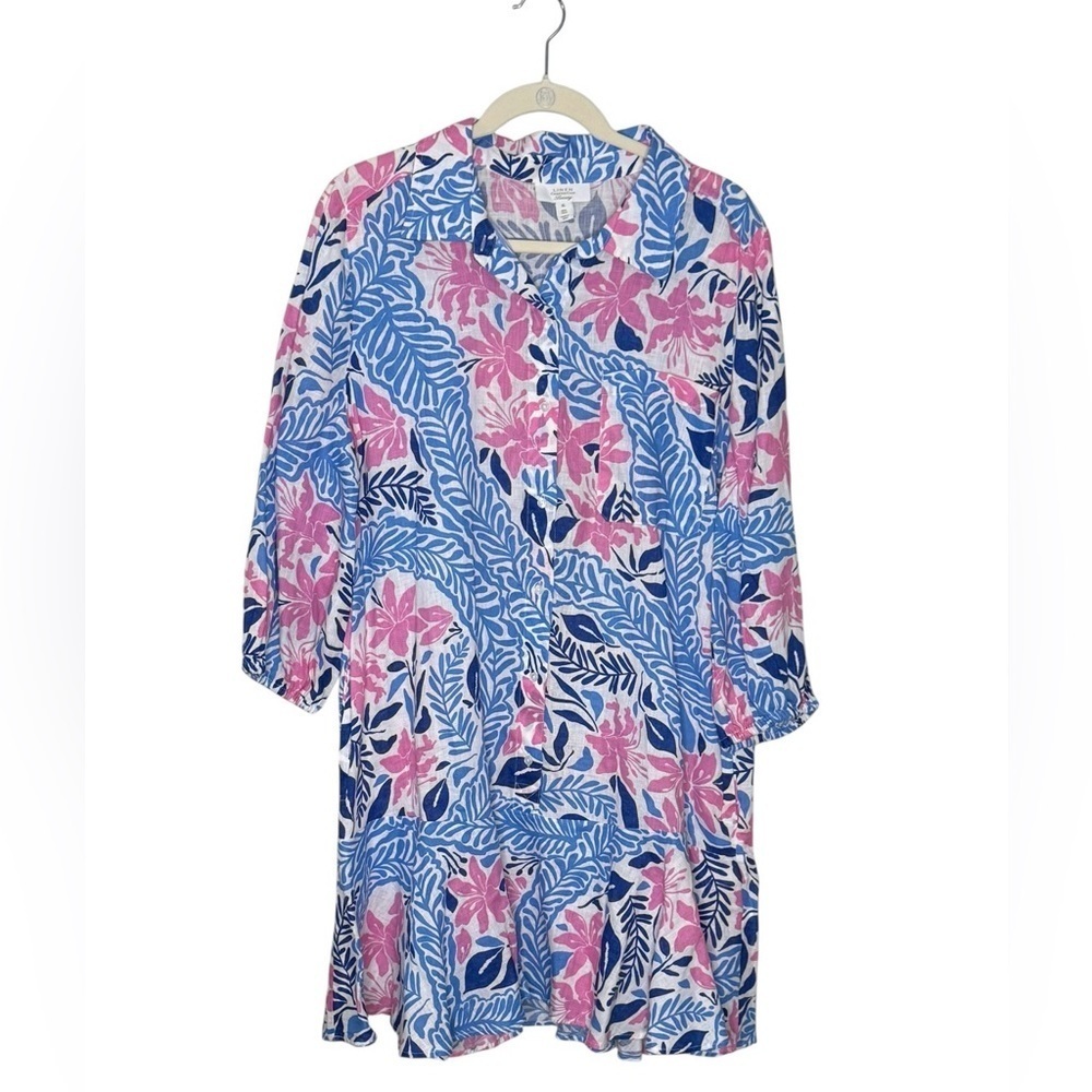 Charter Club Luxury 100% Linen Printed Ruffle Hem Mini Dress XL - Picture 3 of 9